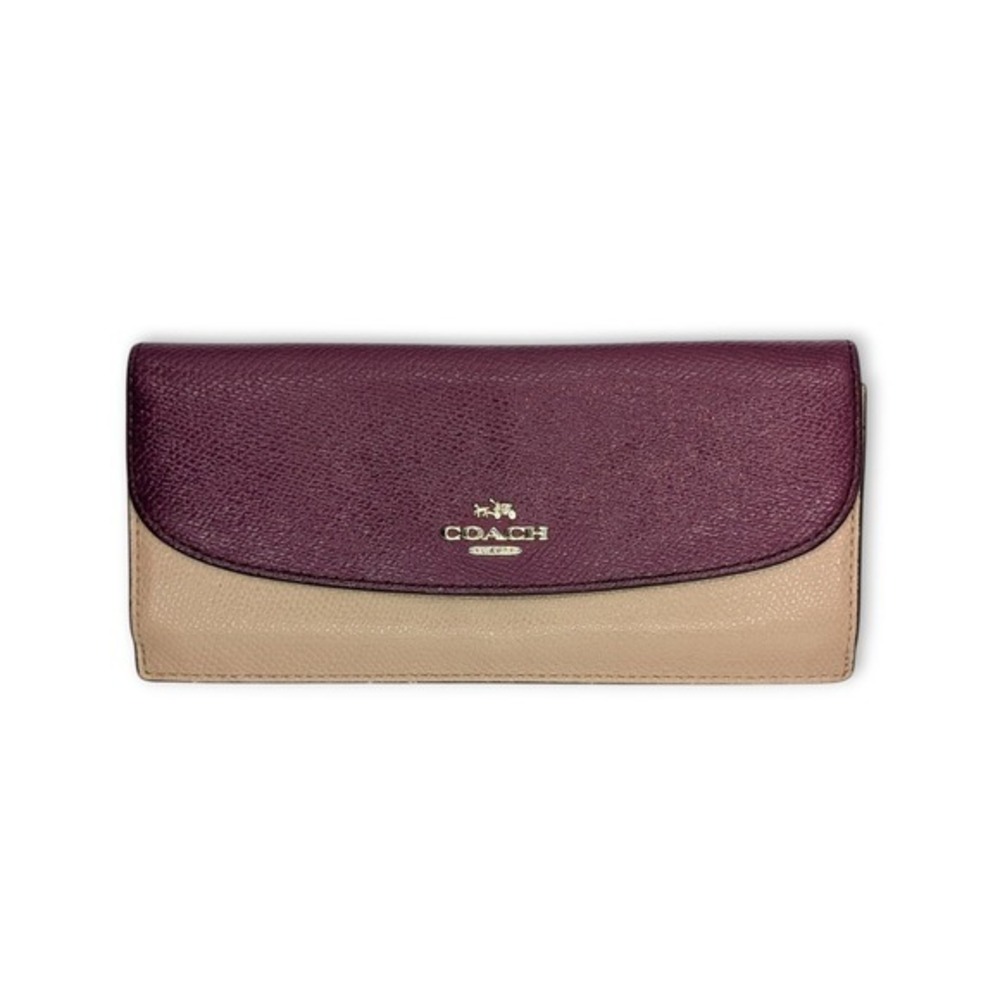 Coach Slim Envelope Long Wallet Burgundy Purple Beige Colorblock Pebble Leather